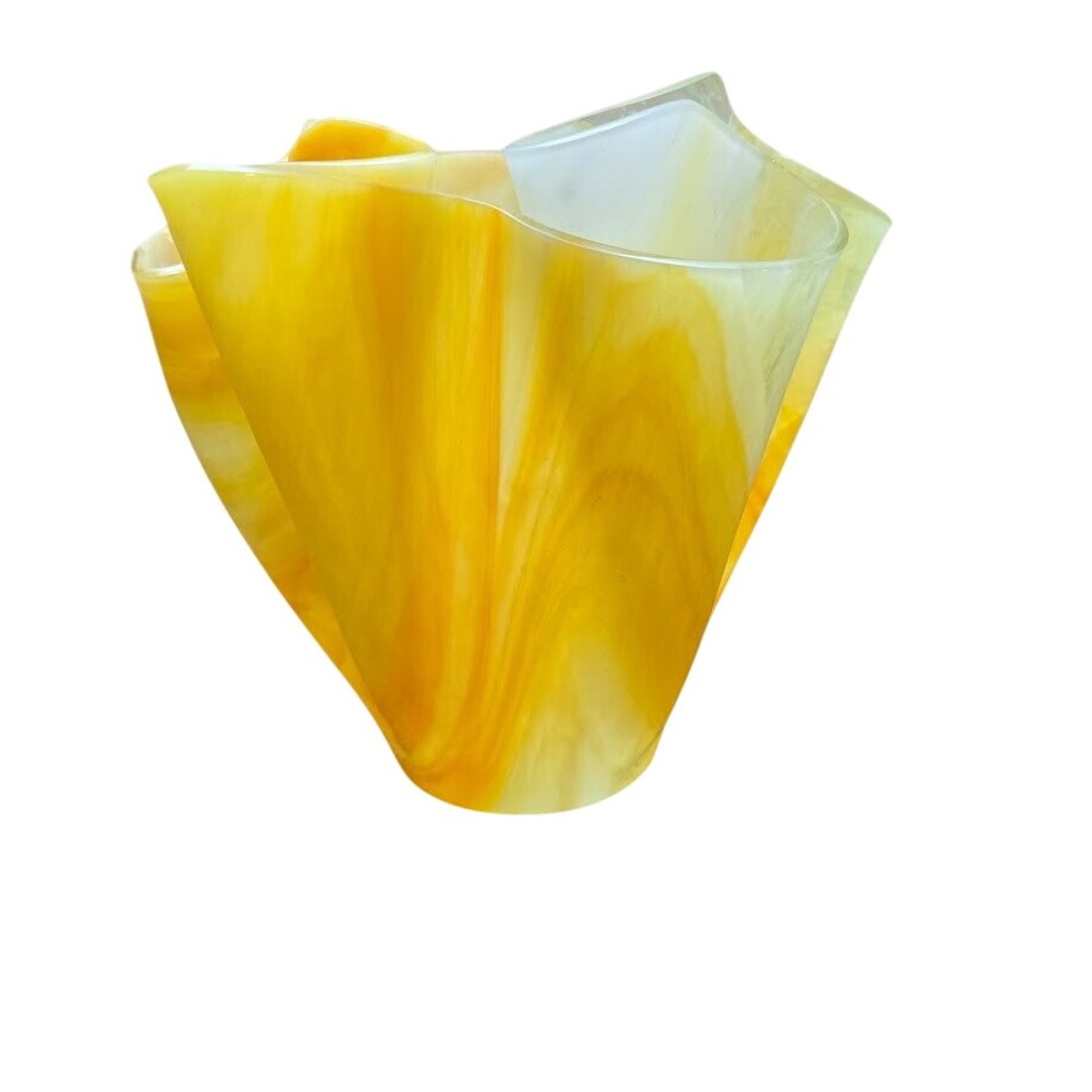 VTG Bright Yellow‎ & White Swirled Handkerchief - Folded Glass Vase 7"